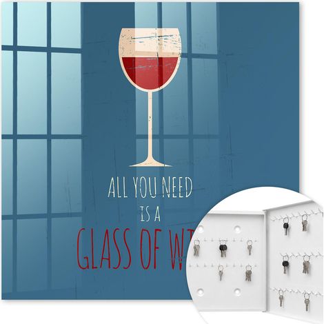 Armoire à clés - (30 cm x 30 cm) - Boîte à clés murale - Coffret de rangement pour clés - Couleur blanche - Ouverture vers la droite - Pour maison et bureau - Un verre de vin (1/5)