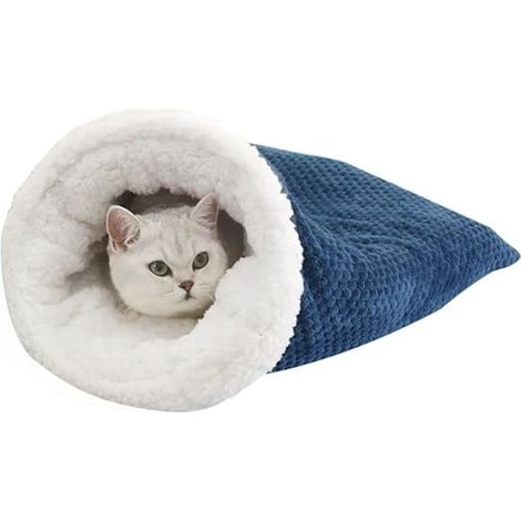 Sac de couchage pour chat, niche chaude d'intérieur, lit doux et apaisant en peluche pour animaux de compagnie, lit confortable pour animaux, lit d'hiver pour chiens et chats jusqu'à 6 kg (Bleu) (1/5)