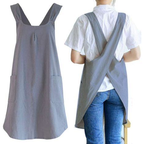 Gartenschürze Japanische Leinen-Küchenschürze mit Kreuzrücken für Frauen mit süßen Taschen zum Kochen, Malen, Gärtnern, Reinigen, Grau - Dunkelgrau für Frauen (1/5)