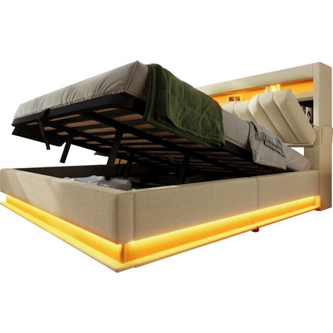 CHICFURN Cama de matrimonio 140x190 cm con cabecero de almacenaje, iluminación LED, puertos USB y Type-C, arcón hidráulico, tela beige, sin colchón integrado (1/5)