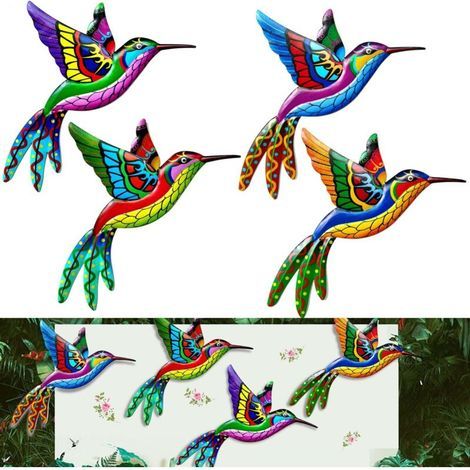 Décoration murale en métal 4 colibris colorés Fer forgé résistant aux intempéries Pour intérieur et extérieur Effet 3D captivant