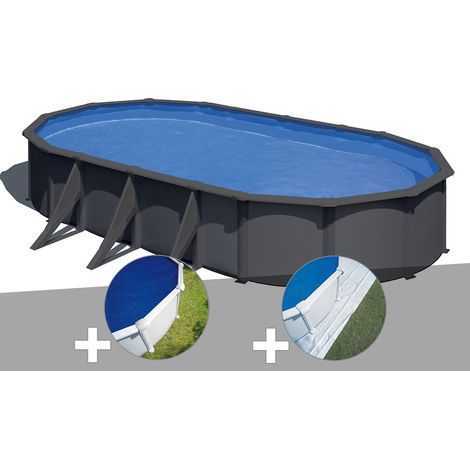 Kit piscine acier gris anthracite Gré Louko ovale 7,44 x 3,99 x 1,22 m + Bâche à bulles + Tapis de sol