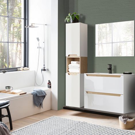 Badmöbel Set Hochglanz weiß mit Trüffel-Buche SOFIA-107 Keramik-Waschbecken, B/H/T ca. 130/200/46 cm (1/5)