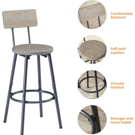 Ensemble table de bar industrielle avec 3 tabourets en PU gris et noir pour cuisine et salon (1/5)
