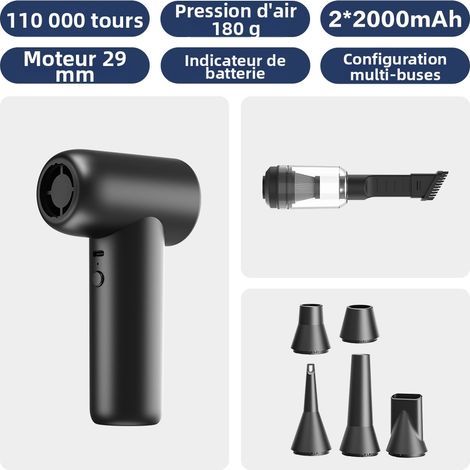 Soufflette Électrique, 4 Vitesses 110000 tr/min, Souffleur à Poussière Électrique, Batterie Rechargeable, 5 Buses, USB Rechargeable, Kit de Nettoyage PC pour Ordinateur, Clavier, Voiture,Avec embout d (1/4)