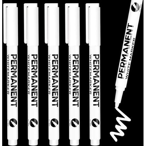 5-Piece Set of Permanent White Markers, Waterproof and Quick-Drying White Pens, Indelible White Markers for Wood, Plastic, Stone, Glass, Leather, Metal, and Canvas (1/5)