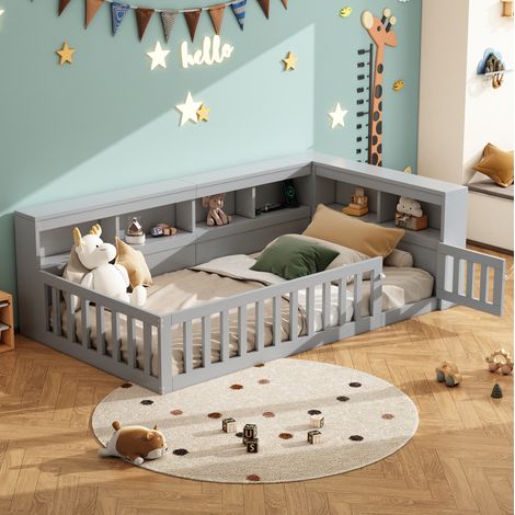 Cama individual de aglomerado y MDF gris 90x200 cm con somier, almacenaje lateral, barandilla, enchufe y USB (1/5)