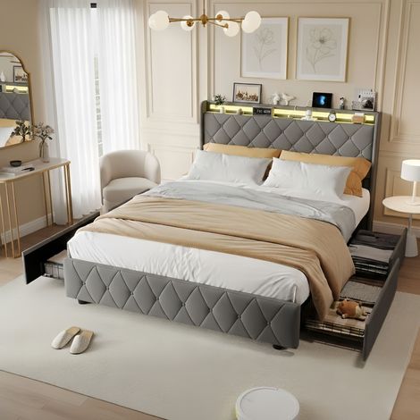 Lit Capitonnée 160x200 avec Chargeur USB et Éclairage LED, Lit Adulte/Ado Tissu Aspect Lin, 4 Grands Tiroirs + Sommier - Gris (1/5)