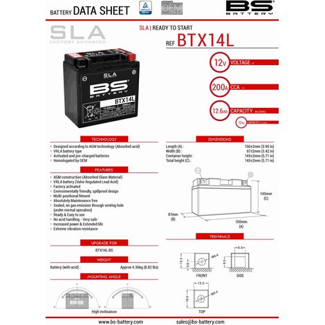 BATTERIA BS BTX14L (FA) (YTX14L-BS) 12V 12AH 150X87X145 SENZA MANUTENZIONE - A ACQUA (200A) (4)