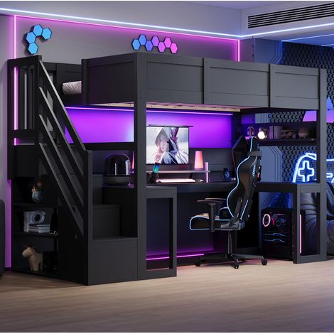 Letto a soppalco gaming 90 x 200 cm con scrivania, scala contenitore, LED e USB, nero (1/5)