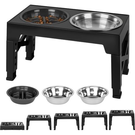 Raised Dog Bowl with 5 Adjustable Heights with 2 Stainless Steel Bowls (1100 ml) + 1 Anti-Glutton Bowl (800 ml), Raised Non-Slip Bowl Stand for Medium and Large Dogs (1/5)
