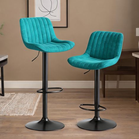 Chaises de bar pivotantes bleues en velours et métal 2 pièces (1/5)