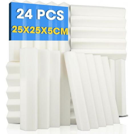 24 Panneaux Acoustiques Wedge 25x25x5cm Blanc Perle Panneaux en mousse acoustique haute densité pour réduction de l’écho en studio, gaming et bureau à domicile (1/5)