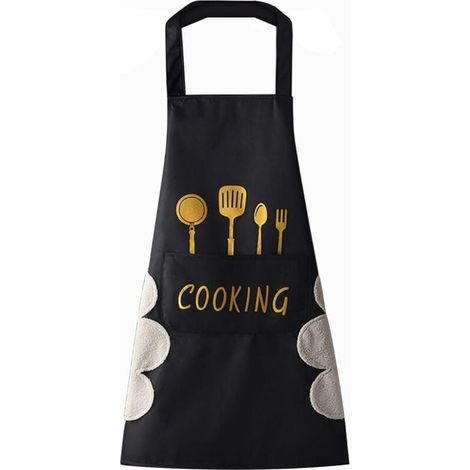 Delantal de cocina negro para mujer con bolsillos para secarse las manos, bolsillo grande, impermeable para cocinar y hornear. (1/4)