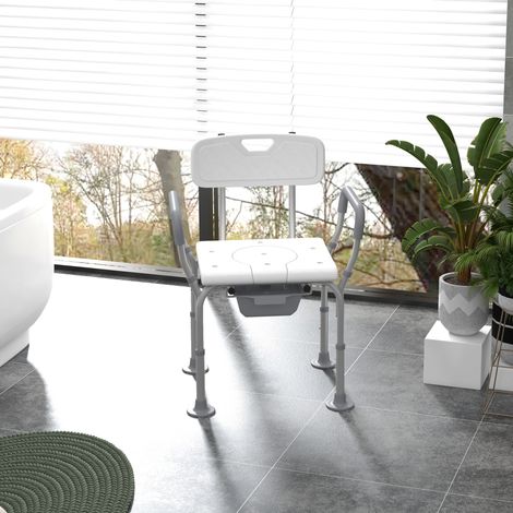 Mobilier Chaise de douche percée avec seau hauteur réglable pieds antidérapants charge max. 136Kg en aluminium HDPE - blanc