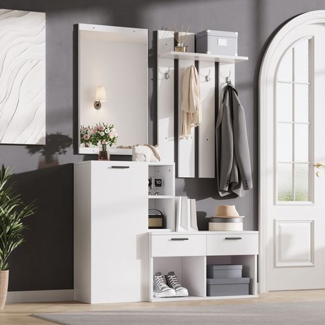Portemanteau d'entrée, porte-manteau pour l'entrée, incluant armoire à chaussures, miroir et crochets, portemanteau compact avec 2 tiroirs, pour couloir entrée, blanc, 120x35x175,5 cm (1/5)