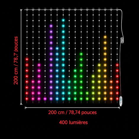 Rideau lumineux LED Bluetooth 2 x 2 m 400 LED USB IP65 fête Noël 18 × 12 × 9 cm 410 g – Livraison gratuite