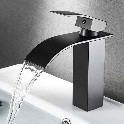 Robinet Cascade de Lavabo, Mitigeur Cascade Noir, Robinet Salle de Bains en Laiton Monotrou Sur Plage, Cartouche Céramique, Robinetterie Lavabo Design Elégant (1/4)
