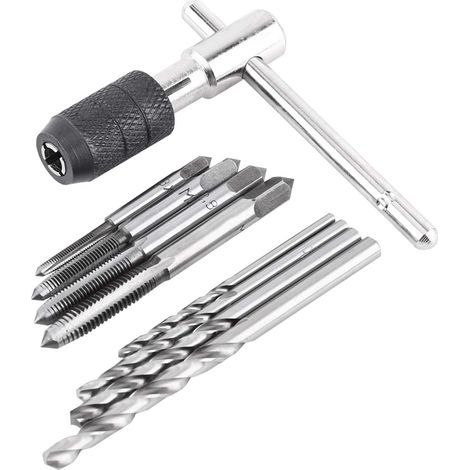 Juego de 9 piezas de machos de roscar, 1 llave para machos de roscar en forma de T, 4 machos de roscar y 4 brocas helicoidales, juego de llaves para machos de roscar de acero para rodamientos de alta  (1/5)