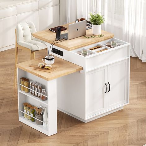 Îlot de cuisine avec table extensible - 125,5-187,5x71x93 cm - Meuble de bar avec LED, prises USB/Type-C et rangement - Blanc (1/5)