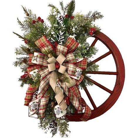 Wreath - Wooden Wagon Wheel - 17.7 Inch Diameter - Rustic Berry And Burlap Bow - For Front Door Wall Mantel - 1 Piece (1/5)