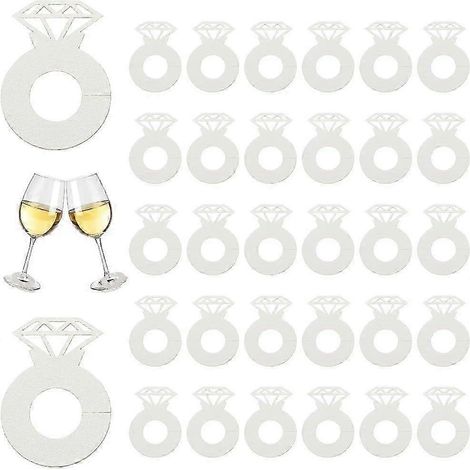 100 marque-verres à vin en forme de bague en diamant 2,4 x 1,7 cm Blanc/Bois massif/Lin, étiquettes en papier pour verres à vin, cocktails, champagnes, mariages (1/5)