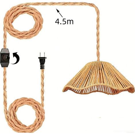 Portalampada E27 con Interruttore e Cavo in Corda di Canapa 4,5M, Lampada a Sospensione in Ottone Vintage, Lampadario con Paralume in Corda di Canapa Intrecciata, Lampada Pendente Industriale DIY con (1/3)