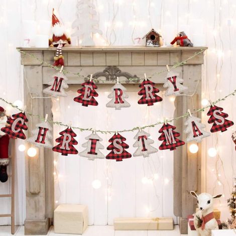 Bannière de Noël, guirlande de sapin de Noël en jute à carreaux avec motif de pin