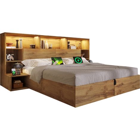 Letto contenitore 160x200 cm in legno chiaro con LED, USB-A e USB-C, comodini integrati, rete a doghe, vano salvaspazio e testiera con ripiani CHICFURN (1/5)
