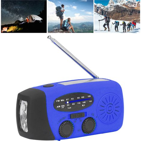Radio de supervivencia con cargador solar y manual de instrucciones – Multifuncional con linterna LED y manivela para acampada – ABS, 12,8 cm, azul europeo (1/5)