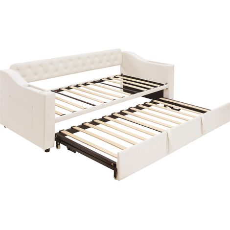 Lit rembourré avec canapé-lit, 90/180190 cm, accoudoirs plus larges et plus épais avec port de charge USB, rangement intégré dans les accoudoirs, avec poches de rangement, avec sommier à lattes, tissu (1/5)