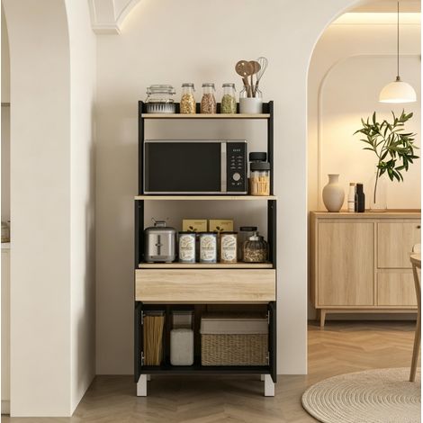 Mikrowellenmöbel, Küchen‑Buffet Mikrowellenschrank mit Schrank, Schubladen und oberer Etagère, praktischer Küchenaufbewahrungsschrank für Haushalt (1/5)