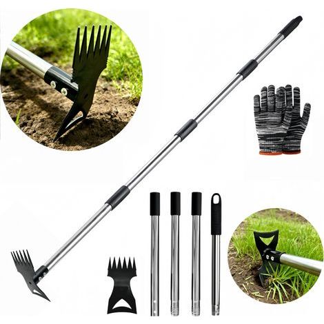 Outil de désherbage à long manche de 148 cm, extracteur de mauvaises herbes à long manche, râteau de jardin 2 en 1 pour désherbage, désherbeur robuste pour jardin, pelouse, terrasse, jardin (avec une (1/5)