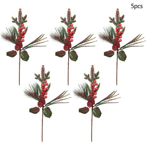 (Auf weniger als 35 cm biegen, Blätter schrumpfen) 5 künstliche Weihnachtszweige, Heimdekoration, künstliche rote Beeren, knotenförmige Zweige, Fensterdekoration, 50 cm Kiefernzweige (drei Blätter, zw (1/3)