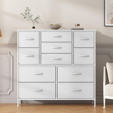 Kommode mit 11 Schubladen, Stoffkommode mit Metallrahmen und MDF-Holzplatte, verstellbare Füße, Kippsicherung, Aufbewahrungsschrank für Schlafzimmer, Wohnzimmer, Kleiderschrank, Weiß (1/5)