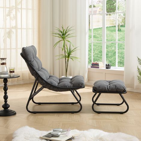 Chaise longue patio avec pouf dossier sling confort matelas épais pour salon chambre lecture cadre noir coussin gris (1/4)