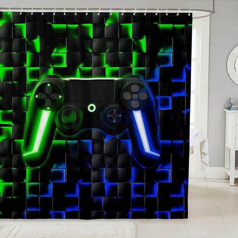 Gamer Garçon Rideau Douche 180x200cm Jeu Rideau de Douche Enfants Adolescents Hommes,3D Néon Couleur Géométrique Tartan Poignée de Jeu Rideau de Bain Imperméable Rideau de Baignoire Vert Indigo - 180L (1/5)