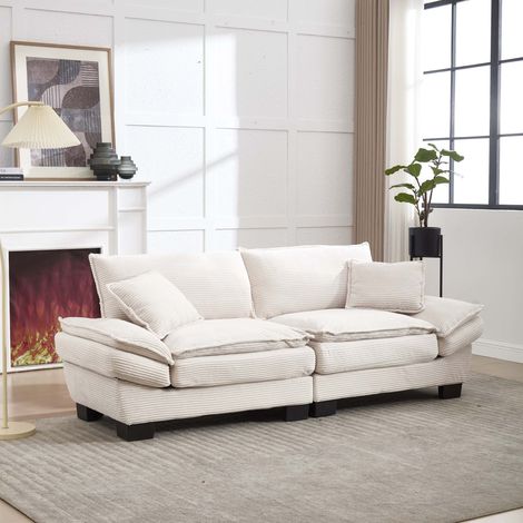 Canapé 2 places 224 x 81 x 81 cm - Velours beige - 2 coussins, assise profonde (1/5)