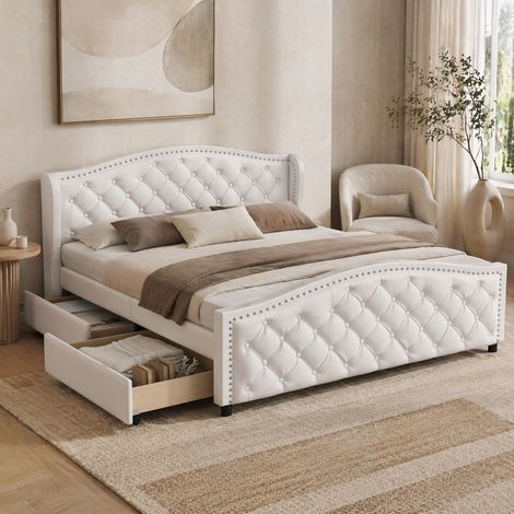 Cama tapizada en PU blanco de 160x200 cm con somier de láminas, 2 cajones de almacenamiento y cabecero acolchado. (1/5)