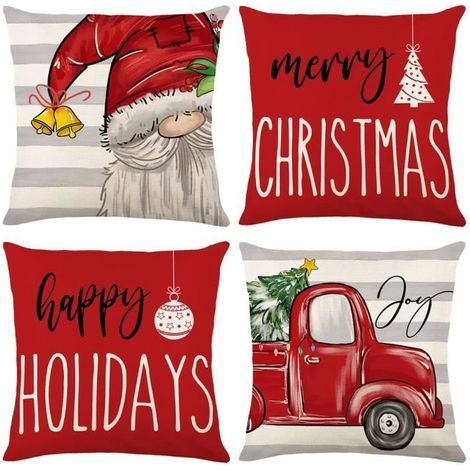 Christmas Cushion Covers - 4 Pieces - 45x45cm - 100% Linen Cotton - White - Christmas Patterns