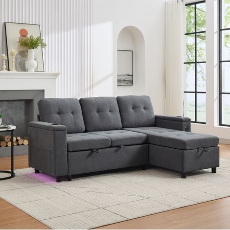 Canapé d’angle convertible 208x146x89.5 cm gris en tissu avec rangement, LED, ports USB et porte-gobelets (1/5)