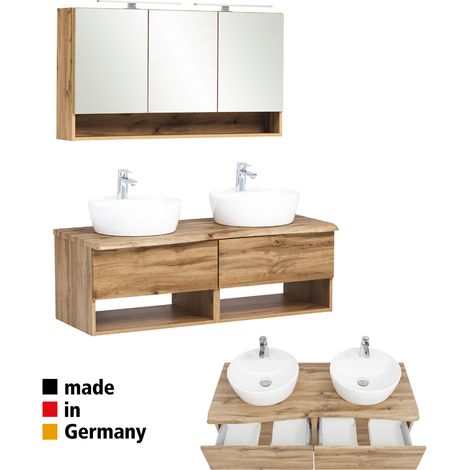 Badmöbel Waschplatz Set in Wotan Eiche Nb. KAHLA-03 Keramik Waschbecken und LED Spiegelschrank, B/H/T: ca. 121/200/52 cm (1/5)
