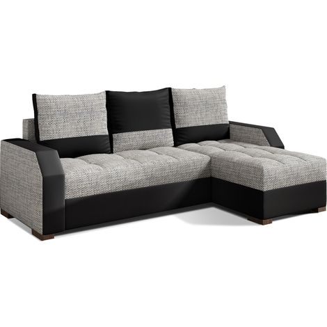 Canapé convertible angle réversible design tissu gris clair chiné et simili cuir noir Zarky 250cm (1/5)