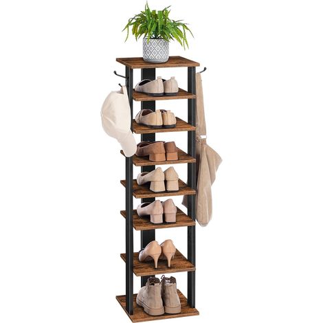 Shoe Rack Wooden, Tall Shoe Rack, Narrow Shoe Storage Organizer with 2 Hooks, Slim Shoe Shelf, Vertical Shoe Tower for Entrance, Living Room, Hallway, Industrial, HOOBRO EBF07XJ01G1