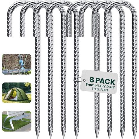 Bardusch - Lot de 8 Sardines de Fixation Résistants - 30 cm Ancrages au Sol en Acier Galvanisé - avec Crochet en J pour Tente, Trampoline (1/4)