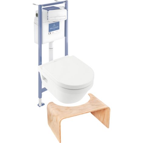 Pack inodoro sin reborde VILLEROY ET BOCH Architectura con asiento + estructura de soporte de suelo y pared Viconnect PRO + placa blanca + taburete de madera