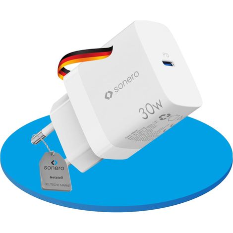 chargeur USB-C, 1x 30 watts port USB-C, GaN chargeur rapide, alimentation USB, chargeur de téléphone portable avec détection automatique du courant de charge, blanc (1/5)
