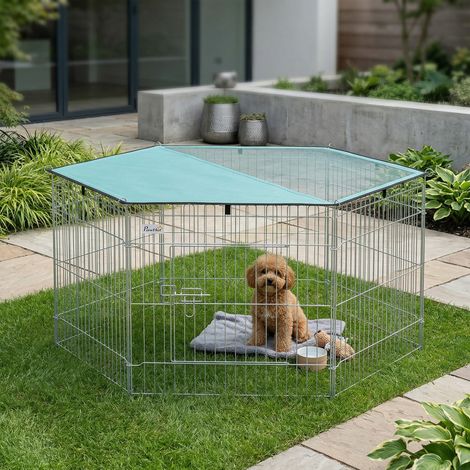 Hundeauslaufgehege, 6-teilig mit Dach, modular und faltbar, tragbar, 60 cm hoch, mit Tür, Katzenzaun, für kleine Hunde, für drinnen und draußen, silber, grün