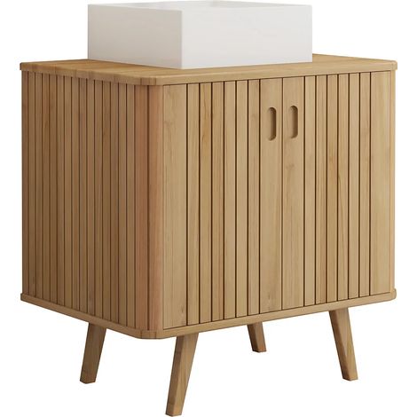 Mobile bagno con piedi in teak e lavabo da appoggio quadrato in ceramica 80 cm - WAMENA (1/5)