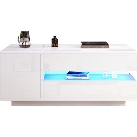 Table basse relevable 90 x 50 cm avec LED, rangement caché, tiroir et caisson, finition blanc brillant, plateau hydraulique pour salon moderne et compact  CHICFURN (1/5)